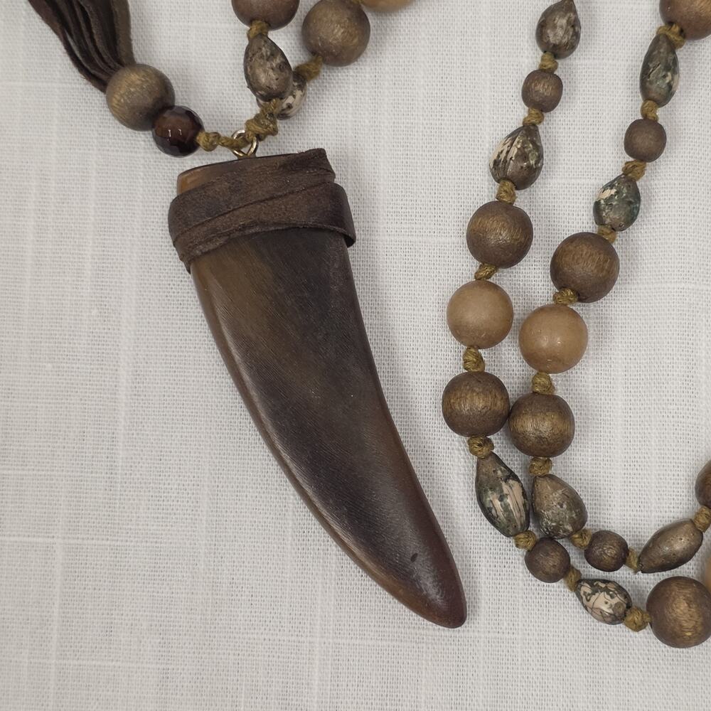 Boho Beaded Necklace Tusk Pendant Tribal Style Wood Beads Statement Necklace